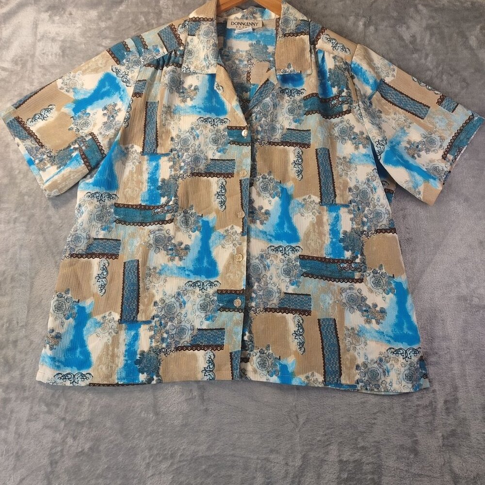 Donkenny Petite Shirt PXL Abstract ButtonUp Short Sleeve Blouse Soft Retro Print